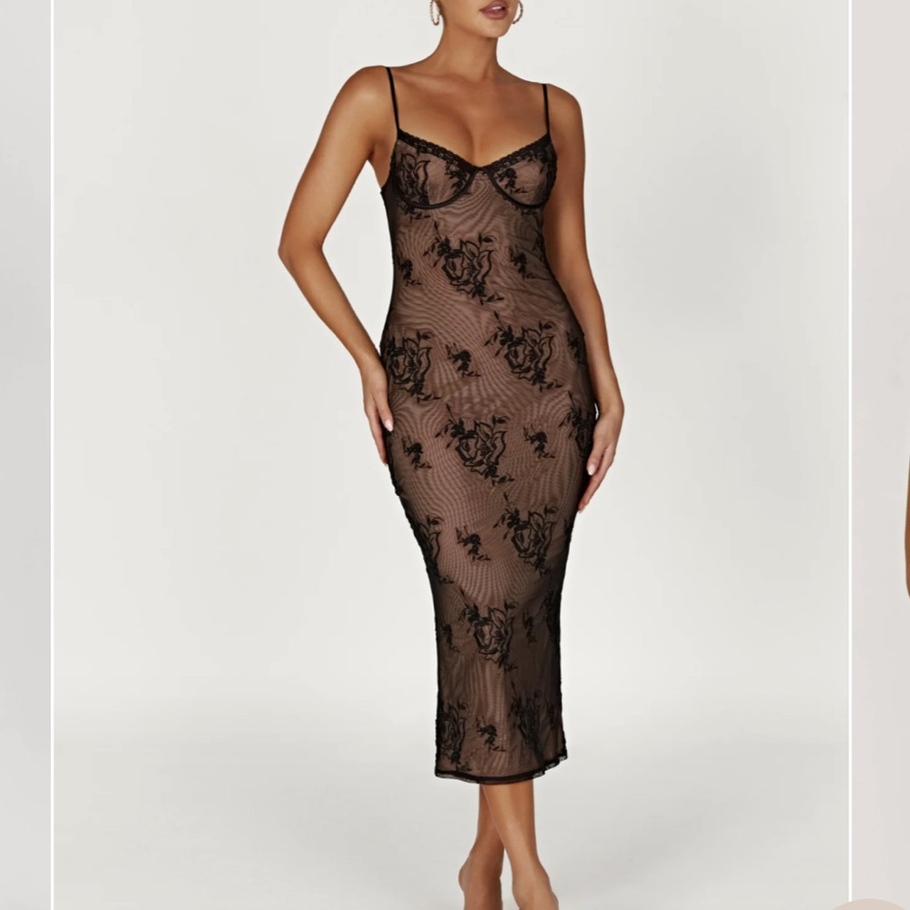 MESHKI Embroidered Black Mesh Dress